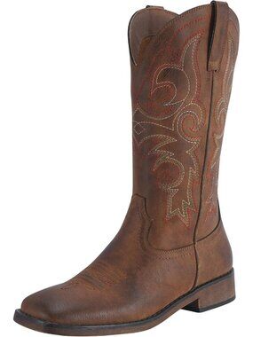Women's Western Cowgirl Boots Square Toe Mid Calf Brown Embroidered Pull On